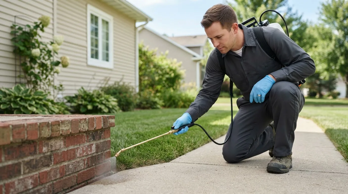 Pest control technician treating a home near Plainfield, IN
