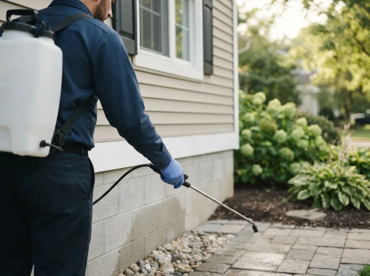 Pest control technician inspecting a home in Plainfield, IN